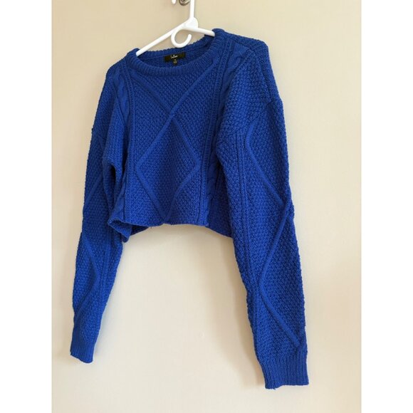 Lulu’s NWT Flirtatious Season Cobalt Blue Cable Knit Cropped Sweater Size Medium - Picture 3 of 7
